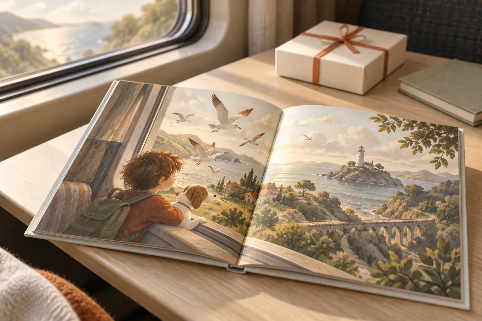 Открытая именная книга с ребёнком-героем в сказочном путешествии лежит на столике у окна поезда.