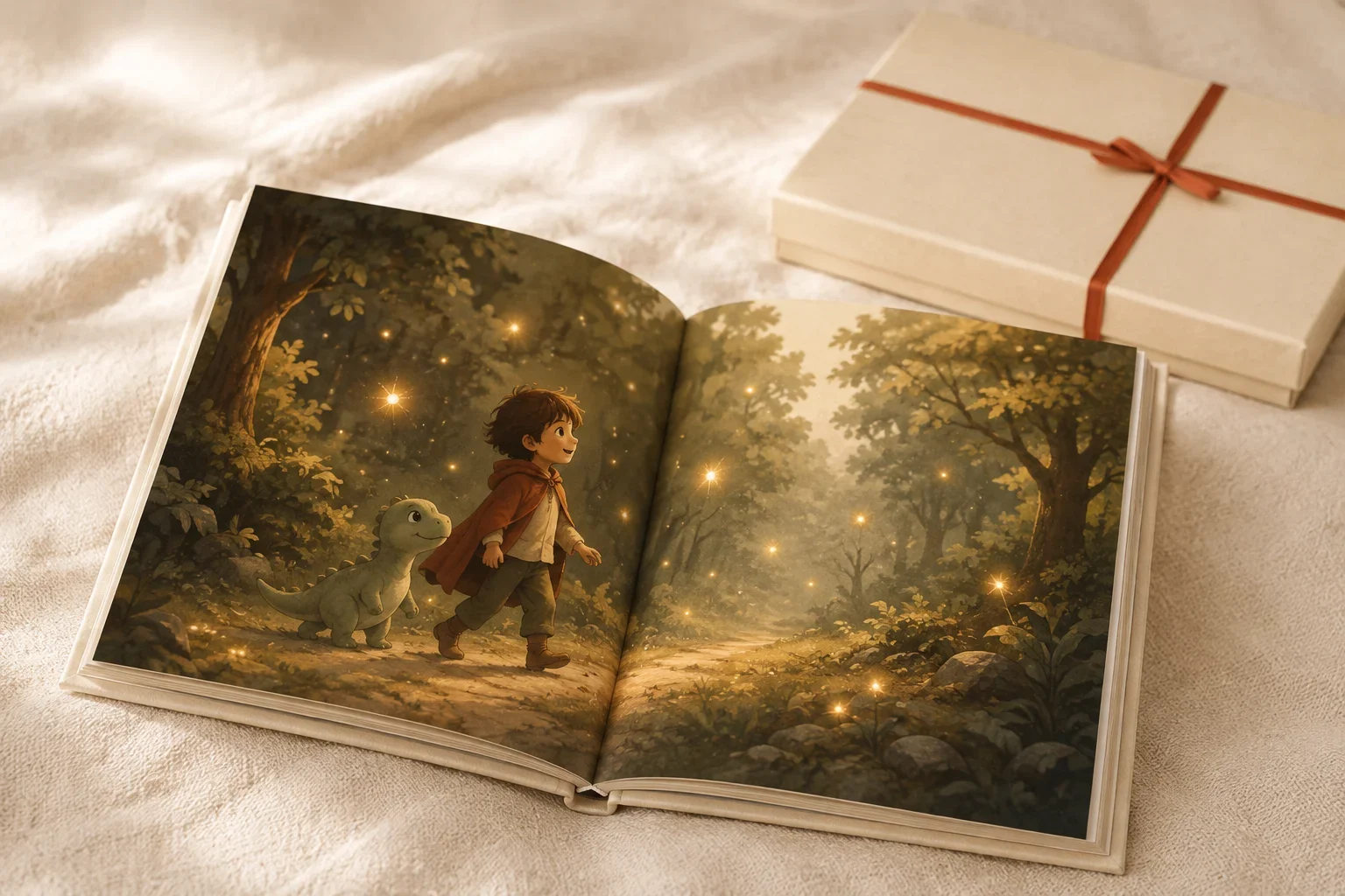Открытая именная книга с иллюстрацией ребёнка и динозавра в тёплом лесу.