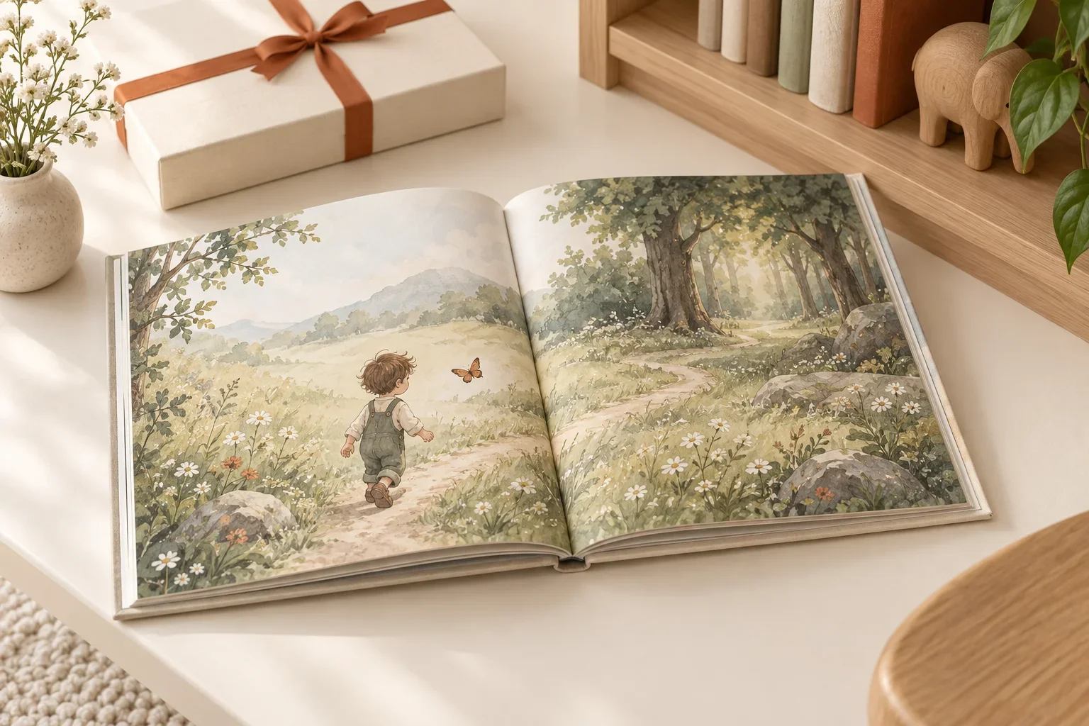 Открытая книга с концептуальной иллюстрацией ребёнка и бабочки на цветочной тропинке; рядом кремовая коробка.