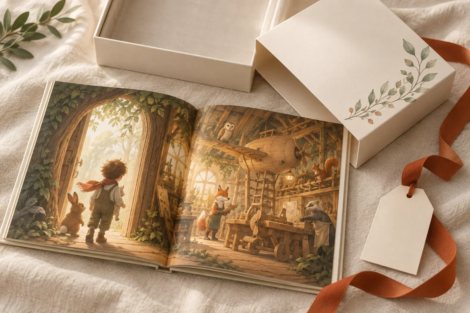 Открытая именная книга лежит рядом с кремовым подарочным боксом, бумажным рукавом и терракотовой лентой.