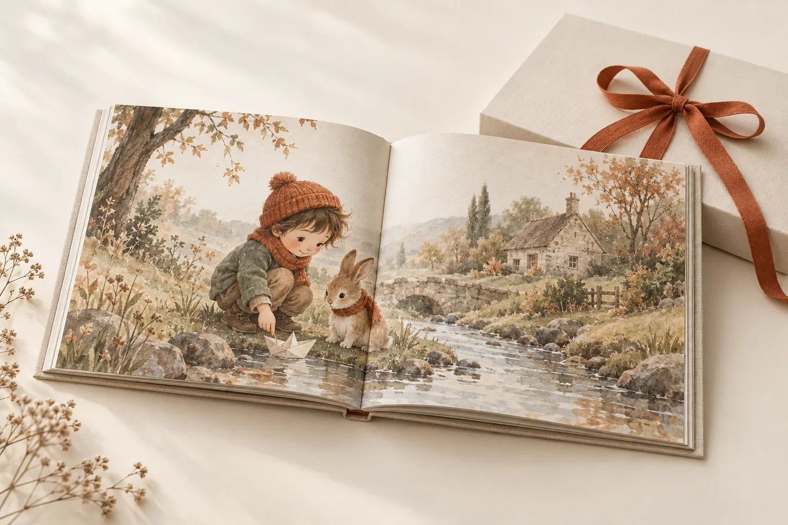 Открытая книга с нарисованными ребёнком, зайчонком и корабликом; за ней коробка с терракотовой лентой.