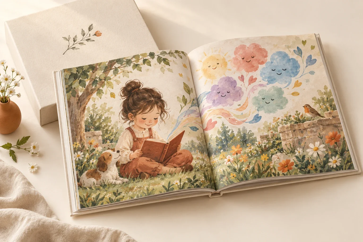 Разворот книги с нарисованной девочкой, дневником и цветными облаками; рядом кремовый подарочный бокс.