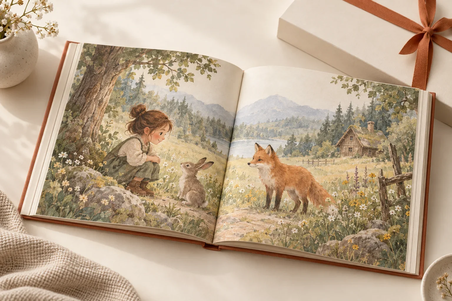 Открытая книга с нарисованной девочкой, зайцем и лисой на лесной поляне; рядом коробка с лентой.