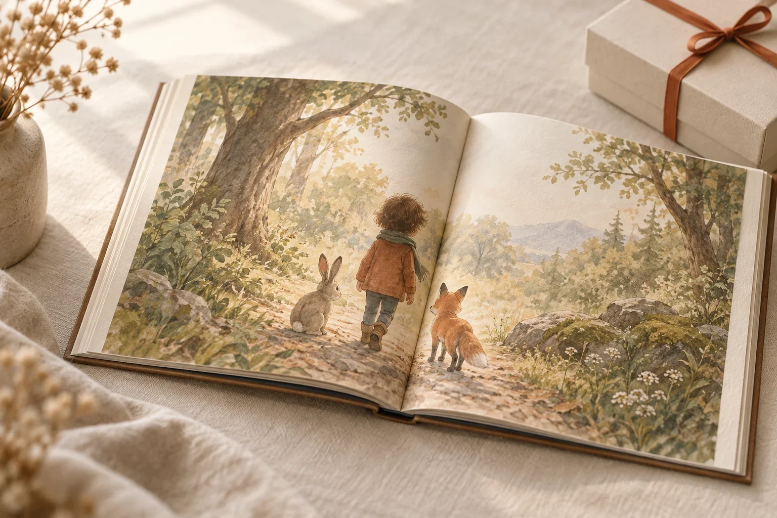 Открытая книга с концептуальной иллюстрацией ребёнка, зайца и лисы на лесной тропинке.