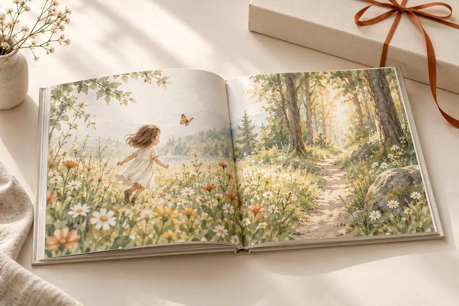 Открытая книга с нарисованной девочкой, следующей за бабочкой через цветущий луг к лесной тропинке.