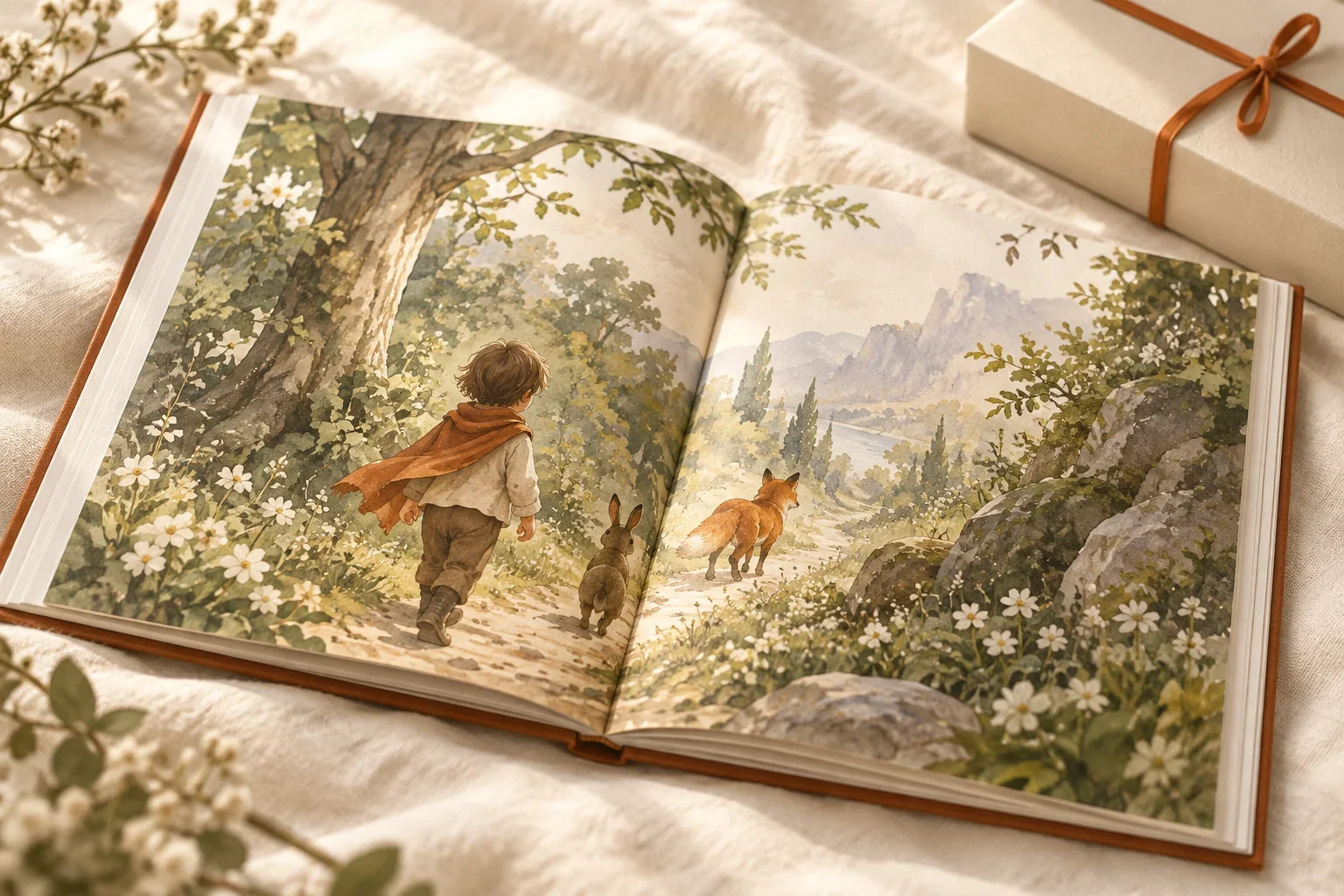 Открытая книга с концептуальной иллюстрацией ребёнка, зайца и лисы на лесной тропинке; рядом подарочный бокс.
