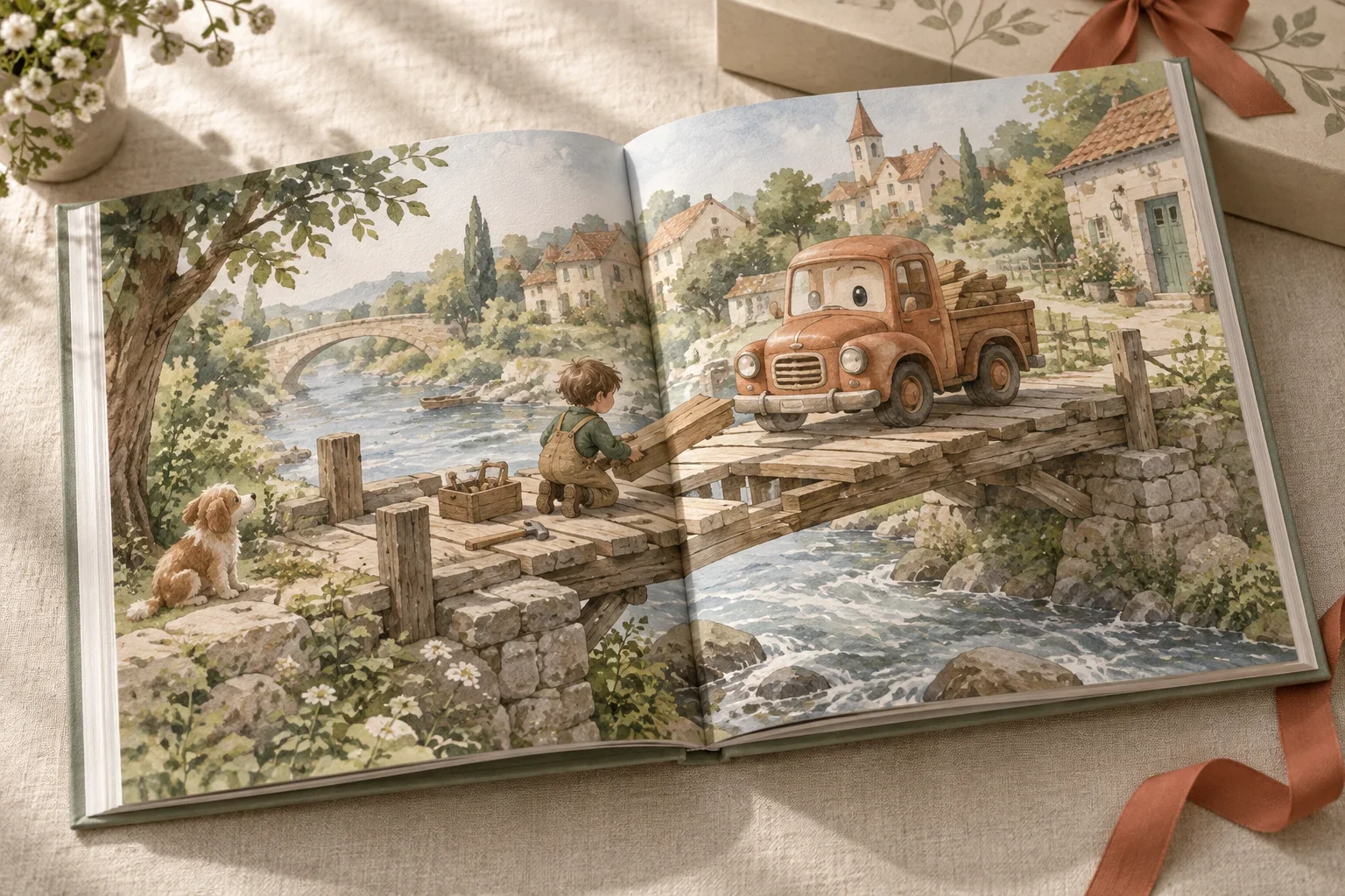 Открытая книга с нарисованным ребёнком и добрым грузовиком на мосту, рядом коробка и терракотовая лента.
