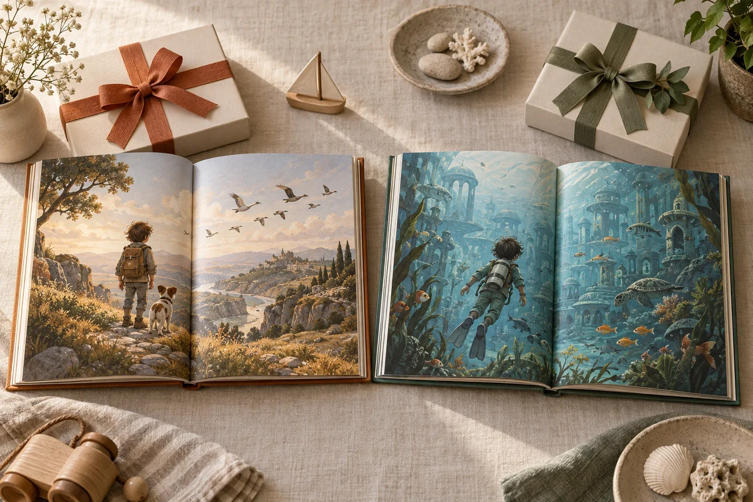 На столе рядом лежат две открытые книги: в одной герой идёт за птицами, в другой исследует подводный город.