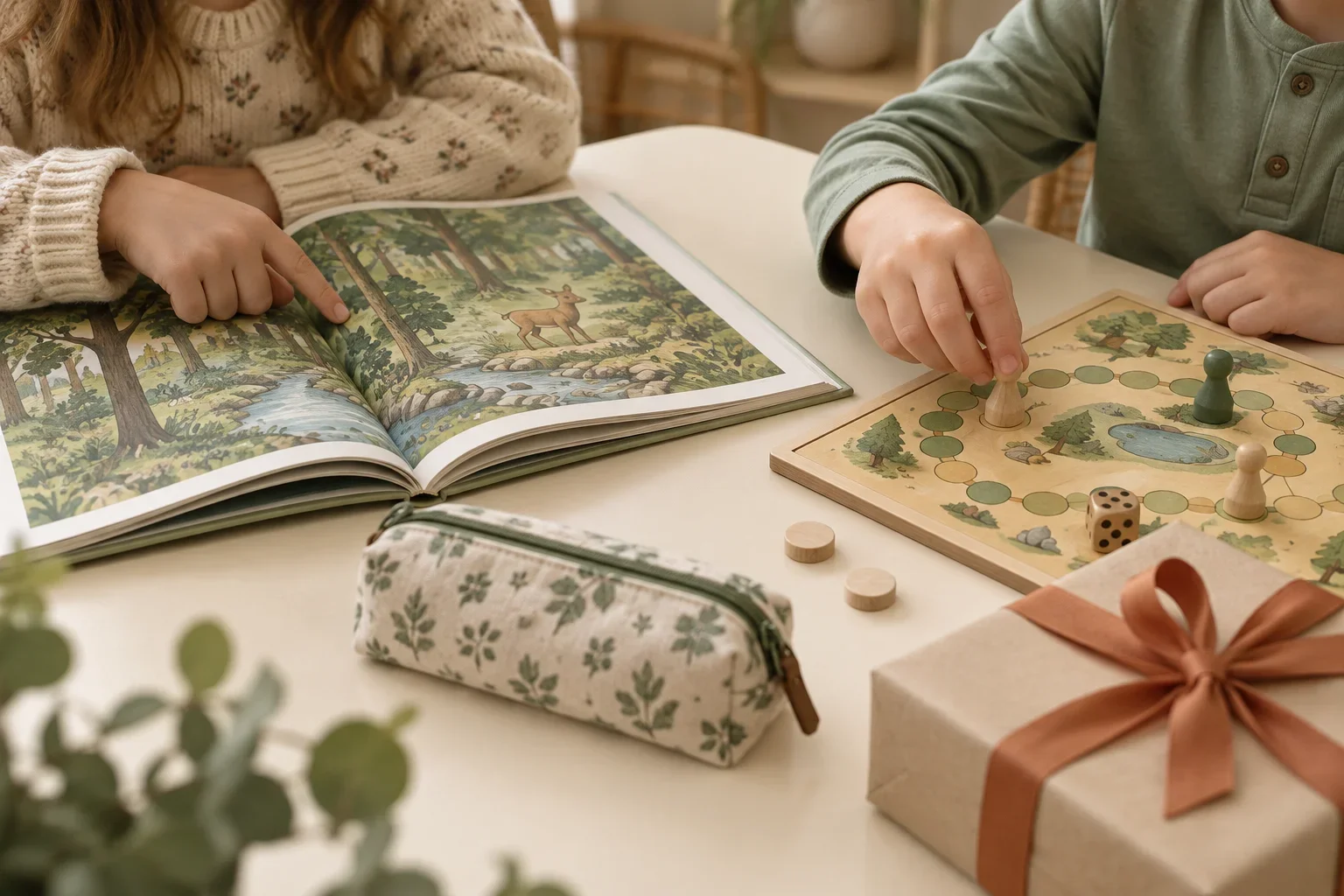 Дети рассматривают открытую книгу и передвигают фишки настольной игры рядом с подарочной коробкой.