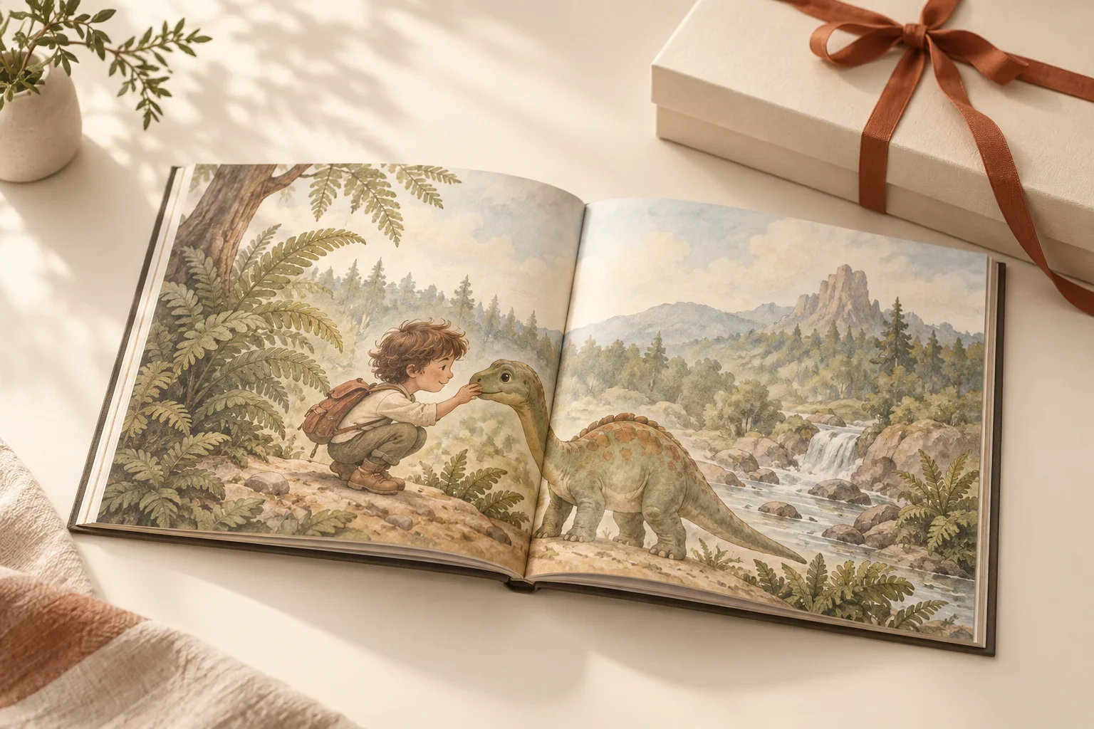 Открытая книга с нарисованными ребёнком и дружелюбным динозавром; рядом кремовая подарочная коробка.