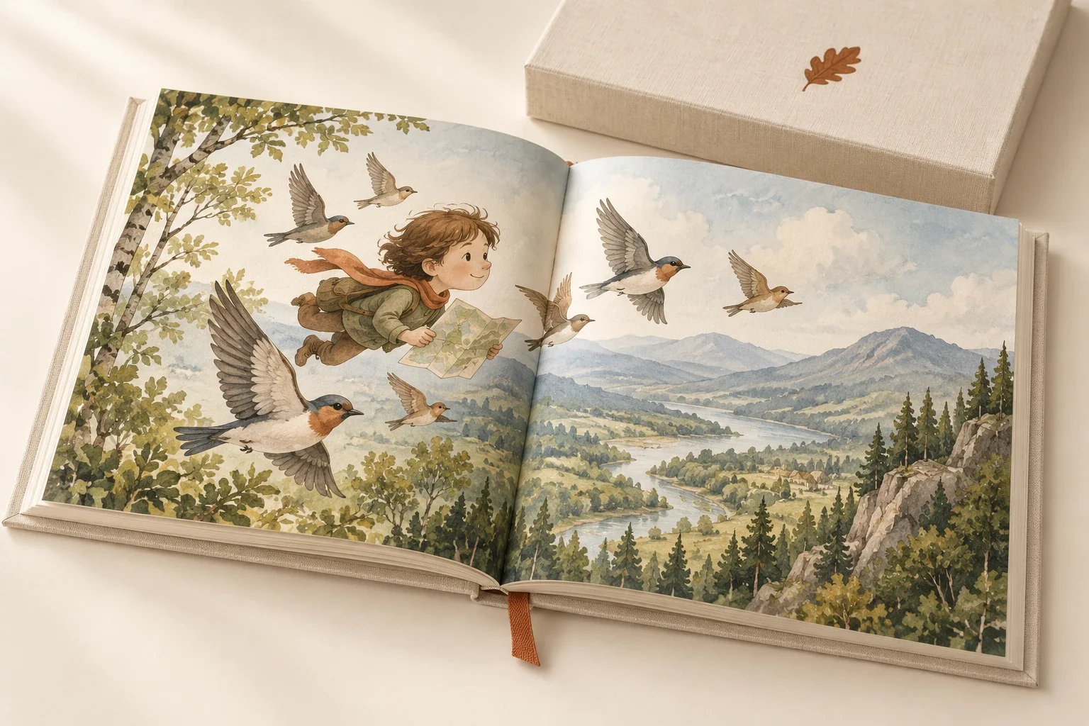 Иллюстрированный ребёнок с картой и птицы на книжном развороте; за книгой стоит кремовый бокс.