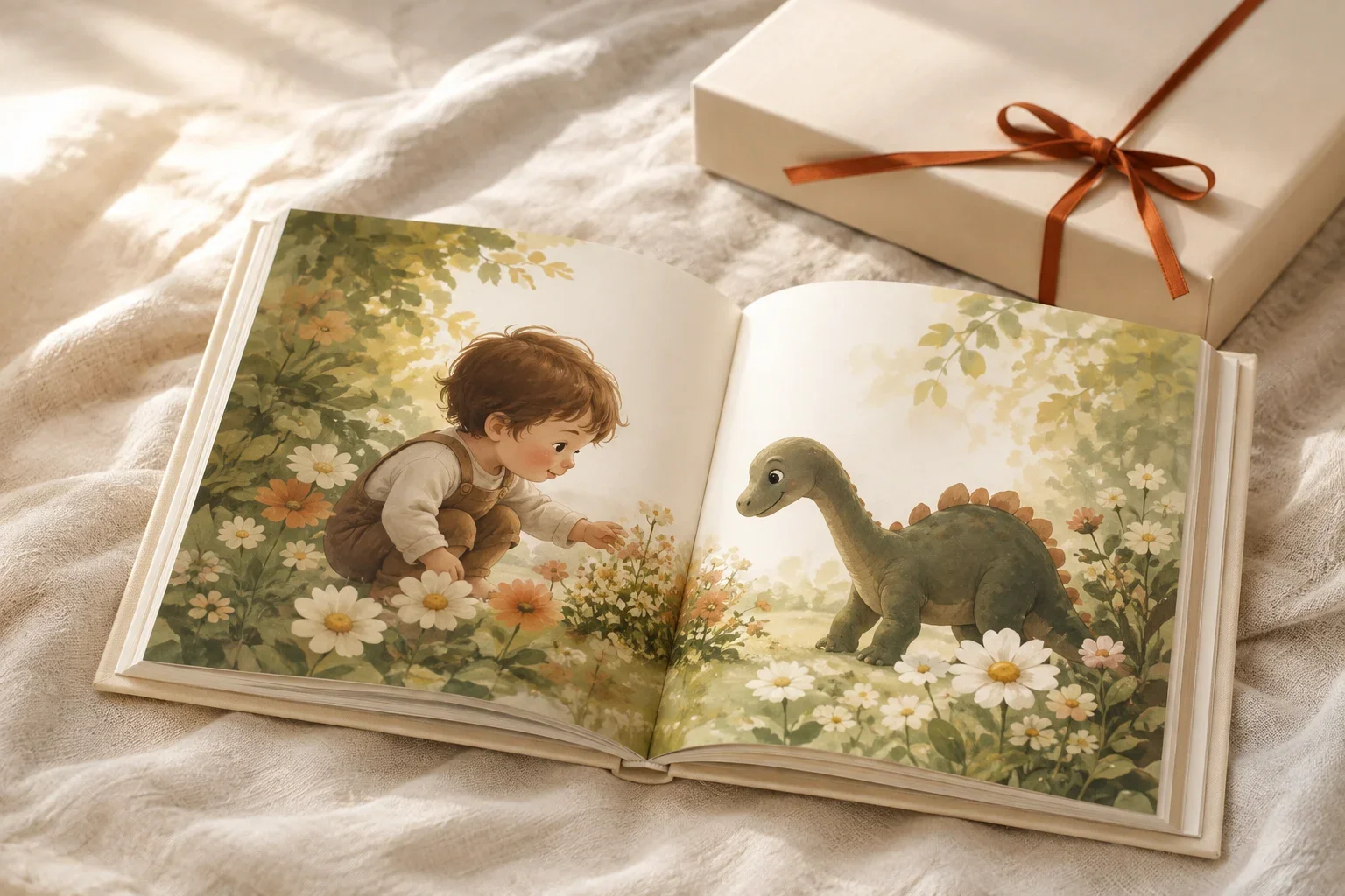 Открытая именная книга с иллюстрацией малыша и динозавра рядом с подарочной коробкой.
