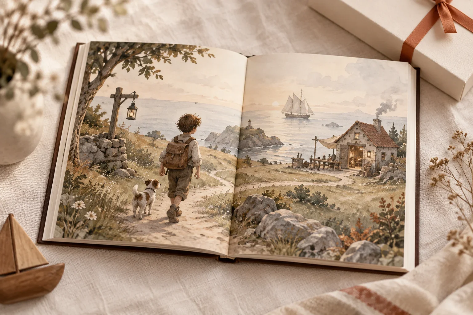 Открытая книга с концептуальной иллюстрацией школьника у берега, парусника и мастерской; рядом подарочный бокс.