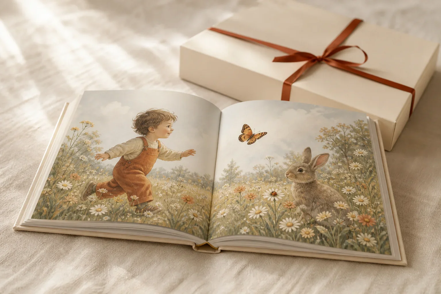Открытая именная книга с иллюстрацией ребёнка и бабочки на цветочной поляне.