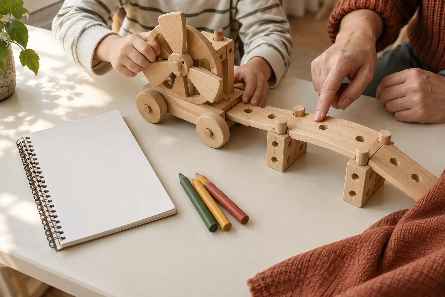 Ребёнок и взрослый собирают деревянную модель с мостом и ветряным колесом из крупных деталей.