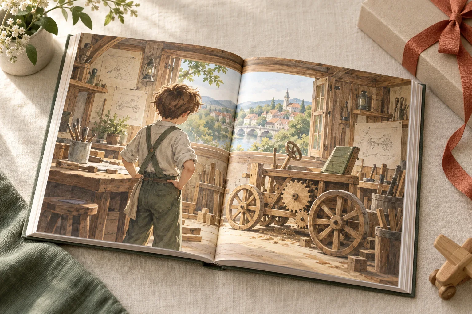 Открытая книга с нарисованным школьником в мастерской и деревянной машиной, рядом подарочная коробка.